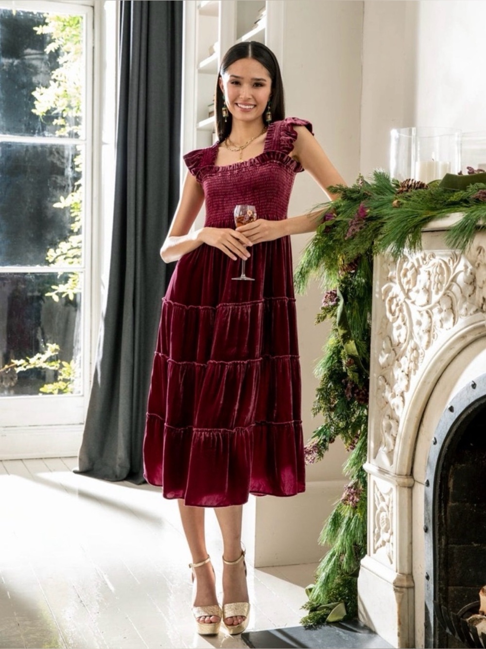 Hill House Ellie Nap Midi Dress in Burgundy Velvet, Size XXS